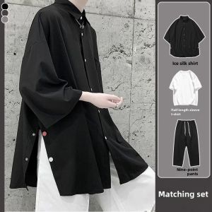 Three-Piece Ice Silk Shirt Short Sleeve Mens Japanese Style DK Student Summer Classic Style Suit Shirt Trendy Handsome Matching Tide