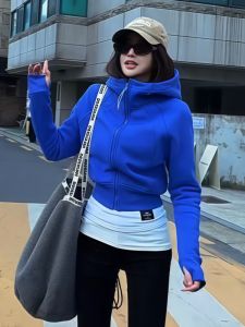 Áo Nỉ Có Mũ Ngắn Màu Xanh Klein Dành Cho Nữ Áo Khoác Dài Tay Thời Trang Dáng Ôm Vừa Vặn Thiết Kế Xuân 2025 Áo Khoác Ngoài