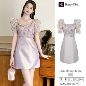 Happy Diva Womens Summer New Diamond Lace Splicing Puff Sleeve Purple A-line Dress 91061