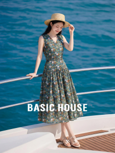 Basic House | French Print V-Neck Sleeveless Waist-Shaping Dress