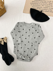 Spring Autumn Grey Long Sleeve Baby Romper Girl Clothes Infant Wrap Bottom Crawling Suit Korean Style Heart Pattern Ins Trendy