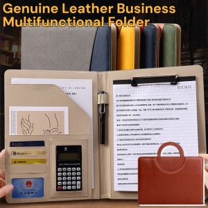 Genuine Leather Business Multifunctional Folder Portfolio Folder With Calculator A4 Portfolio Binder Document Organizer