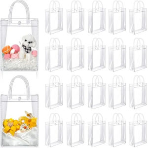 Clear PVC Gift Bags with Handles Reusable Plastic Wrap Tote Bags Transparent Shopping Bag for Christmas Party Favors Merchandise