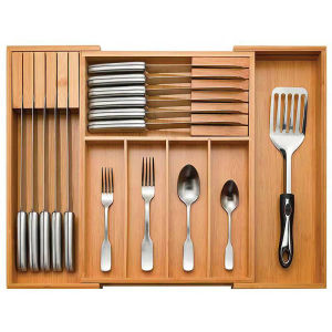 Expandable Kitchen Utensil Drawer Organizer Bamboo Storage Rack for Knives Spoons Chopsticks Home Use Utility Storage Box