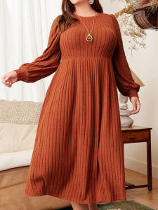 Plus size womens autumn and winter dresses solid color round neck long sleeve dress maxi dress autumn and winter plus size wo