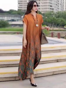 Elegant Summer New plus Size Dress Slimming Fashionable Mrs Wide Lapel V Neck Short Sleeve a Line Skirt Single Piece Workwear