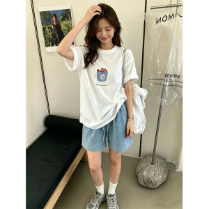 White Printed Round-neck Short-sleeve Loose Plus Size Straight Shoulder T-shirt