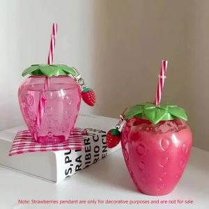 Cute Strawberry Shaped Straw Cup With Pendant Novelty Fruit Design Drinkware For Daily Beverage Use And Lovely Gift Giving