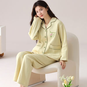 MiiOW | Pure Cotton Thickened Long Sleeve Sleepwear Set Womens Home Clothes V-neck Plant Floral Pattern Comfortable Warm Winter Pyjamas