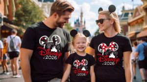 เสื้อยืดลายครอบครัวธีมคริสต์มาส ดิสนีย์ 2026 ผ้าฝ้าย ให้บรรยากาศคริสต์มาส สำหรับฤดูใบไม้ร่วงและฤดูหนาว สไตล์ฮาราจูกุ เสื้อผ้าสำหรับพ่อแม่และเด็ก