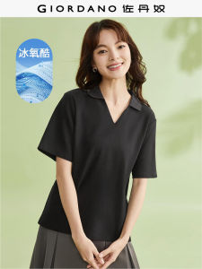 Giordano Nữ Áo Sơ Mi Ngắn Tay Cảm Biến Mát Mẻ Kháng Khuẩn Màu Đen Công Nghệ Làm Mát Oxy Trên Băng Cổ Chữ V Áo 13314303