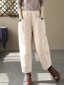 Quần Dài Ống Đứng Dày Cạp Cao Mùa Đông Phong Cách Harajuku Bằng Cotton Lông Vũ Dài Đến Mắt Cá Chân Cho Nữ