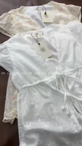 Hồng/ Trắng Vải boi thêu nổi Có lót Áo cổ tim phối ren tay cánh tiên ngực bo chun cột nơ nữ tính gợi cảm dễ thương NELO TOP