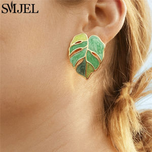 SMJEL Enamel Green Pink Leaf Pendant Earrings for Women Modern Jewelry Exaggerated Leaves Earring 2024 Bridesmaid Gift Wholesale