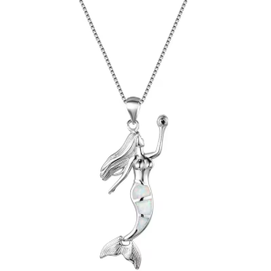 Silver Color Mermaid Pendant Necklace with Blue Opal Iridescent Tail Cubic Zirconia Gem Delicate Chain Jewelry for Women