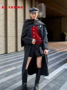 Pure Wool Wrap Style Coat Jacket EP YAYING Blue Label Series Tang Yanyi Womens Fashion Winter Outerwear Short Sleeve