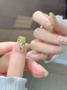Spring Summer  Green Chinese Style Wearable Nails Bamboo Carving Simple Hand-Painted White Enhancing Fashionable Nail Art
