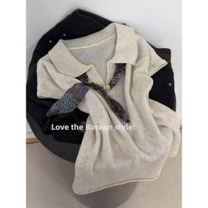 Polo Collar Short Sleeve Sweater Women Loose Fitting
