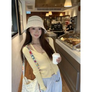 Slim Fit Short Yellow Knit Cardigan