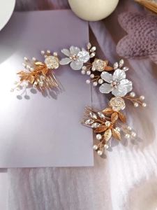 Luxury Pearl Flower Bridal Hair Vine with Double Combs Gold Leaf Crystal Wedding Headpiece Handmade Hair Accessories for Women