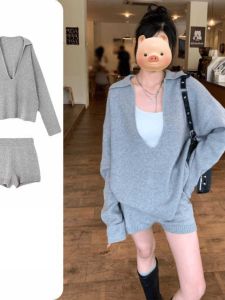 หลวม ลำลอง ชุด ผู้หญิง ฤดูใบไม้ร่วง ลึก คอวี แขนยาวสูง เอว สั้น กางเกง ชุดสองชิ้น ใส่สบาย เสื้อสเวตเตอร์ถัก