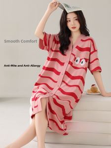 MiiOW | Cat Lady Summer Sleep Dress Womens Cotton Pure New Short Sleeve Open Cardigan Plus Size Mid-Length Wearable Ladies Nightgown