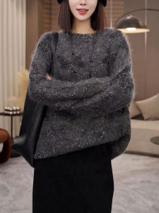 Chic Commuter Soft Shiny Korean Style Sweater Fall 2024 Lazy Fashion Meat Concealing Cashmere round Neck Long Sleeve Top