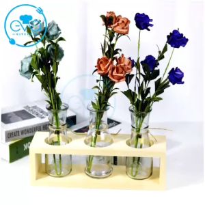 Lọ Hoa Thuỷ Tinh Decor Trang Trí Nhà Cửa Và Giá Đỡ Bình Hoa Bằng Gỗ 3 Ngăn