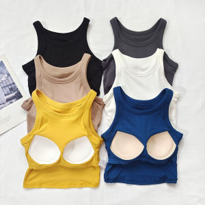 เสื้อกล้ามกีฬาคอกลมทรงเข้ารูปสําหรับผู้หญิงแขนกุดโยคะออกกําลังกายวิ่งเสื้อกั๊กกันกระแทกการออกแบบแบบบูรณาการ