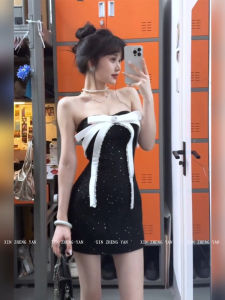 ชุดเดรสยาวสายเดี่ยวเซ็กซี่สำหรับผู้หญิงไซส์ใหญ่ ชุดราตรียาวปานกลางสไตล์เกาหลี แขนกุด คอวี กระโปรงทรงเอ