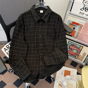 เสื้อเชิ้ตคอโปโลผู้ชายคอโปโลคอตตอนลายสก็อตสไตล์ย้อนยุคสไตล์ญี่ปุ่นแขนยาวทรงหลวมสบายๆ ฤดูใบไม้ผลิและฤดูใบไม้ร่วง