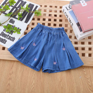 กระโปรงครึ่งท่อนสำหรับเด็กผู้หญิงกางเกงกระโปรงเด็กผู้หญิงแบบใหม่สไตล์ตะวันตกกระโปรงยีนส์ผ้าเทนเซลสำหรับเด็กวัยกลางและวัยโตกระโปรงจีบรอบกระโปรงสั้นแบบบางสำหรับเด็ก