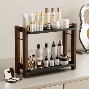Walnut Wood Cosmetic Storage Rack Vanity Desk Bathroom Washstand Skin Care Products Organizer Box Square Shape Solid Wood Construction