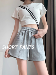 Grey Womens Sport Shorts for Summer Lightweight High-Waist A-Line Slimming Loose Casual Pants with Pocket