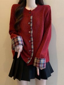 Red Knitted Sweater Coat for Women Vintage Plaid Splicing Autumn Winter plus Size Fashionable Commute Style Online Exclusive