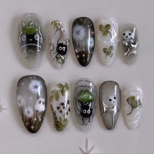 24pcs Gradient Black False Nails Cute Cartoon Cats Eye Forest Elf Girl Press On Nails Glossy Almond Sweet Cool Fake Nail Tips