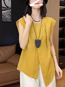 Elegant Asymmetrical Short Sleeve Shirt Womens Summer Design Split Shoulder Vest Top Fashionable French Style Commute Loose Fit