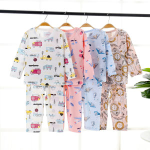 New 2023 Childrens Summer Short Sleeve Home Clothes Set Air Conditioned Thin Cotton Pure Baby Boys Girls Clothes Kids