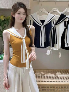French Style Navy Collar Orange Iced Silk Knitted Sleeveless Tank Top