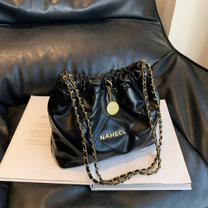 Womens Bucket Bag Commuter Shoulder Bag Fashionable Magnetic Buckle Closure Soft PU Leather Black Chain Casual Style