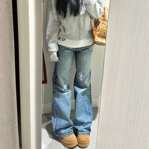 High Waist Wide Leg Jeans Womens Loose Fit Straight Cut Floor Length Trousers American Retro Washed Denim Pants Spring Autumn