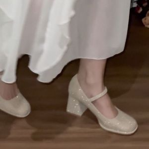 Round Toe Princess Mary Jane High Heels Womens Chunky Heel Elegant with Skirt Cheongsam Fairy Style Wedding Shoes Bride and Bridesmaid Shoes