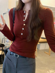Retro Wine Red Long Sleeve T-Shirt Womens Tight Fit Base Layer Top Button Design Korean Style Short Style Bottoming Shirt