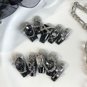 Bộ 10 Móng Giả Hình Quan Tài Thủ Công Phong Cách Gothic Tối Màu Trang Trí Kim Loại Cá Tính Dành Cho Nữ Dự Tiệc Dán Liền.