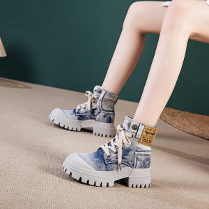 Womens Canvas Martin Boots Thick Bottom High Heel High Top Spring New Style Street Style Short Boot Fashionable round Toe