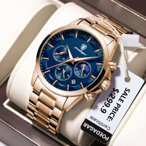 POEDAGAR Mens Watches Stainless Stain Fashion Business Watch for Men Rose Gold Quartz Wristwatches Chronograph Calendar Waterproof Luminous Timing Man Clock Original Men Watch