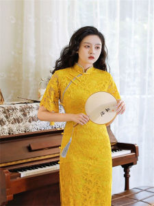 Summer Clothing Lady Temperamental Lace Cheongsam Young Temperament Daily Improvement Retro Dress Elegance Mid Length Long Length