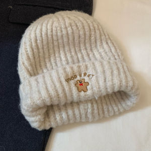 Cute Bear Embroidery Knitted Woolen Cap Womens Thickened Warm Autumn Winter Hat Large Head Size Flattering Face Knit Hat