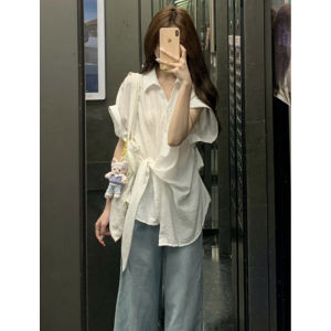 YUEZHONGWEI | French Knot White Short Sleeve Womens Shirt Summer Design Sense Waist Cinched Shirt Top Asymmetrical Banded Commute Style