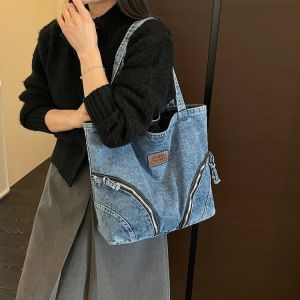 FQ1 Large Denim Tote Bag for Woman Casual with Zipper Korean Style Fashion Shoulder Bag QF1